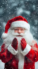 Joyful Santa laughing beneath a whirling winter snowfall.