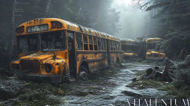 Abandoned school buses decay silently in misty forest