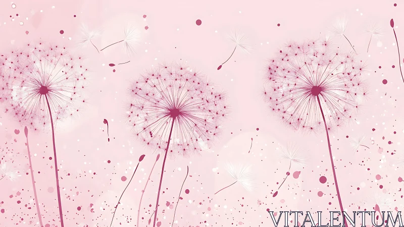 Dandelion Dispersal: Botanical Digital Illustration in Soft Pink Tonality.