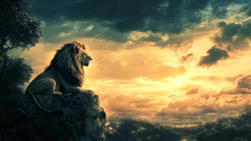 Sunset monarch lion brooding above a molten sky.
