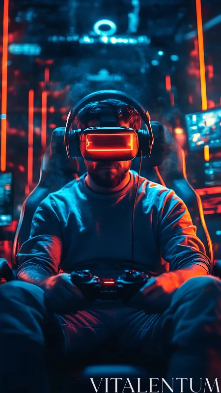 Gamer wearing VR headset sits in neon lit gaming station