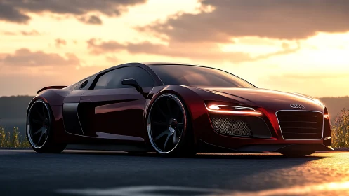 Sleek red sports car glows against a dramatic sunset sky
