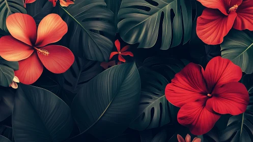 Lush red hibiscus blooms rest against deep tropical leaves.