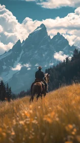Lone rider on horseback against towering mountain peak.