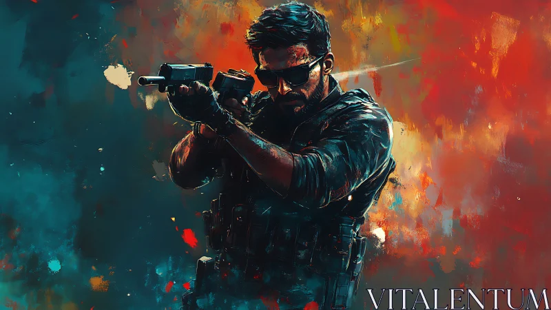Armed tactical operator in abstract red and teal environment.