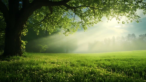 Backlit meadow landscape renders volumetric sunbeams through foliage