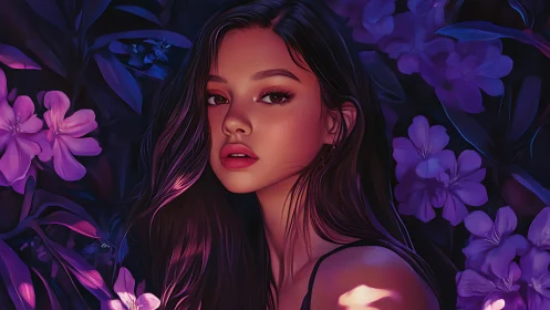 Neon-lit portrait of young woman amid violet florals uses rim lighting