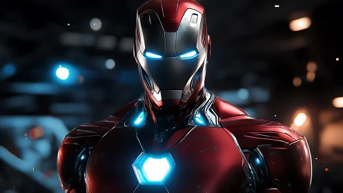 Shining red power suit poised in a futuristic glow-filled lair.