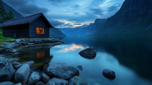 Lakeside cabin at blue hour with still fjord reflections.