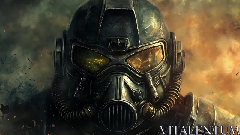 Armored respirator helmet in toxic smoke with fractured visor lighting