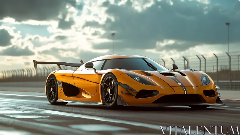 Orange hypercar accelerates along a sunlit racing circuit