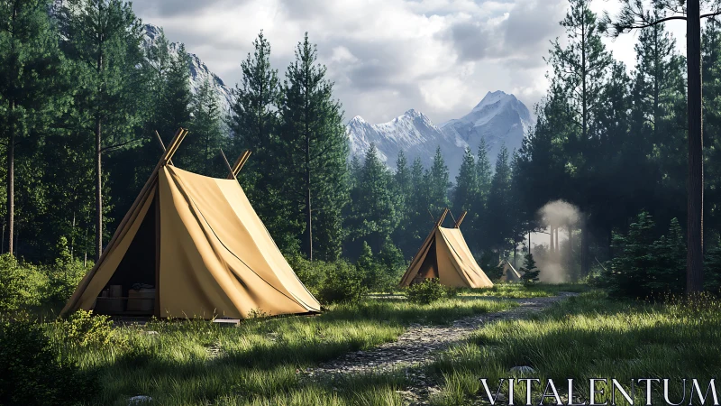Canvas tents positioned in coniferous forest with mountain backdrop.