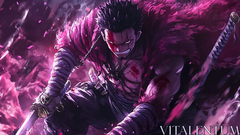 Battle-worn anime swordsman in intense purple storm.