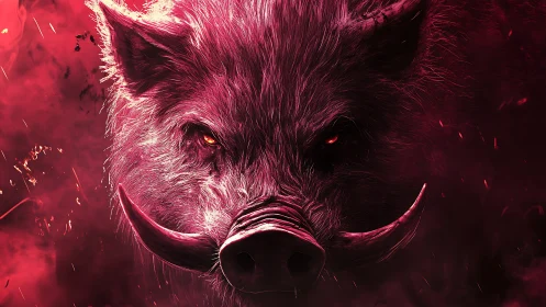 Digital close-up of wild boar head in red misted lighting.