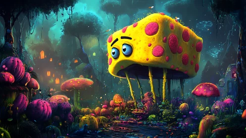 Yellow polka-dotted sponge creature in luminous forest scene.
