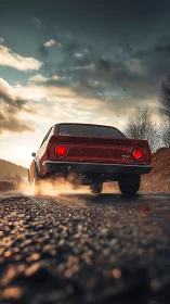 Low-angle photoreal rear view of classic car on wet road.