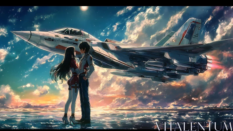 Sunset runway embrace under futuristic jet fighter.