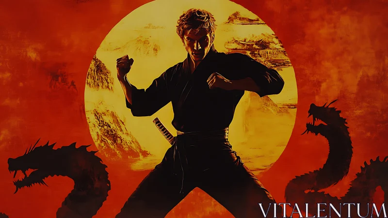 Martial artist silhouette confronts dual dragon forms in blazing sun