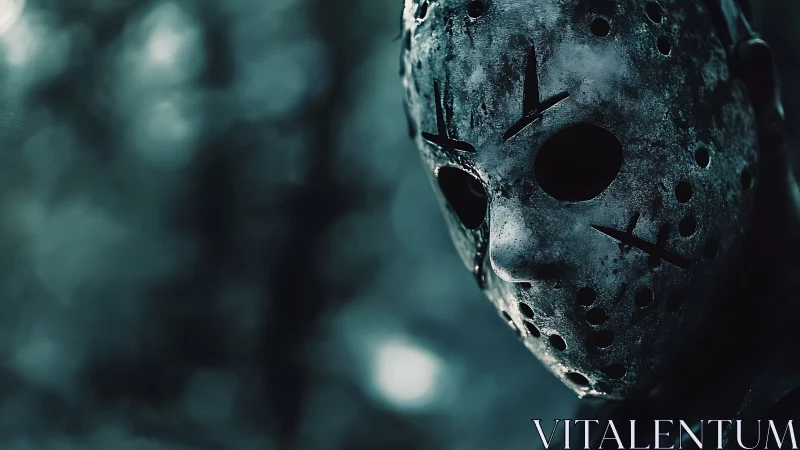 Weathered hockey mask portrait in moody forest bokeh.