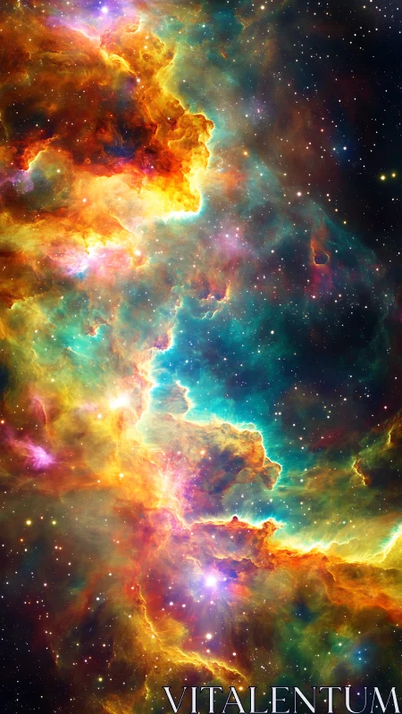Nebula stairway ascending through vivid cosmic firestorm.
