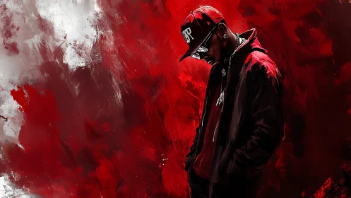 Digital painting of urban figure on red abstract brush ground.