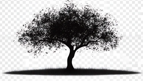 Solitary deciduous tree silhouette on transparent ground plane.