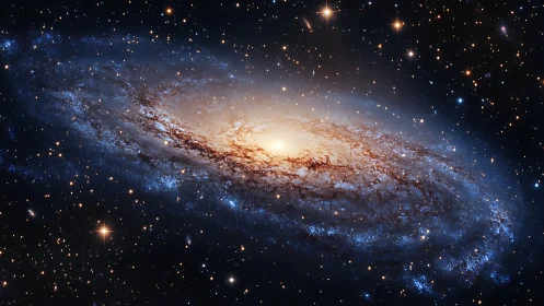 Edge-on spiral galaxy with dense star field background in space.