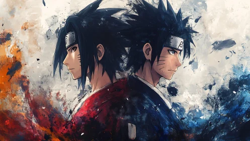 Rival ninjas stand back to back amid split fire and ice