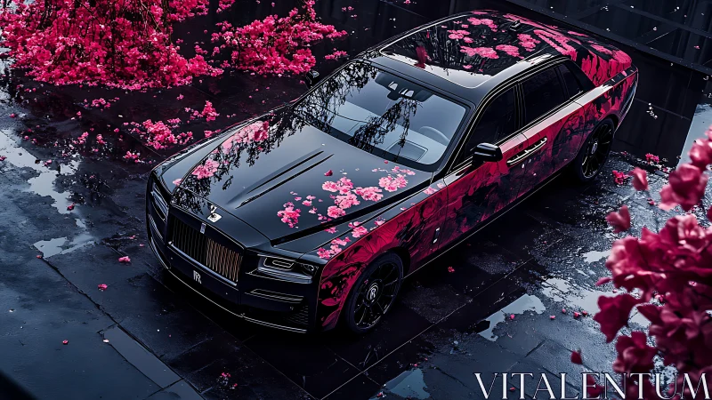 Luxury sedan with floral vinyl wrap parked on wet pavement