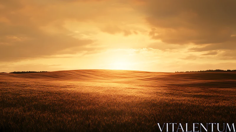 Sunlit wheat plains under golden hour stratified clouds