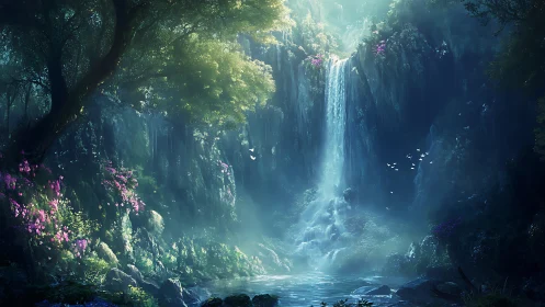 Digital landscape depicts central waterfall in dense forest