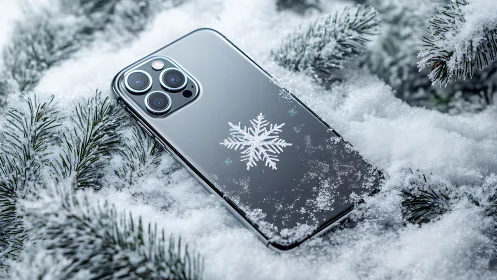 Premium smartphone in snow with winter aesthetic details.