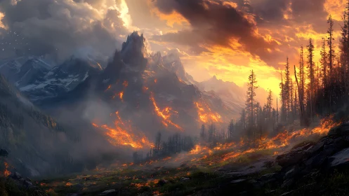 Mountain landscape consumed by wildfire with dramatic orange sky