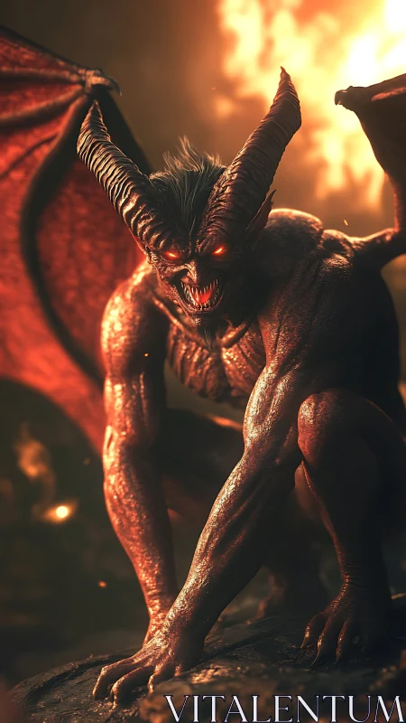 Infernal horned demon poised in molten firelight glare.