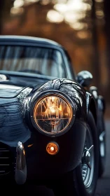 Gleaming classic roadster headlight in autumn bokeh glow.