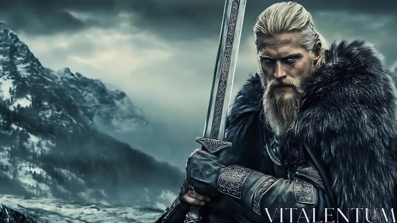 Viking warrior grips sword before snowy mountain range
