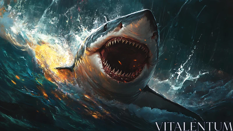 Inferno-jawed shark erupts from stormy sea in wild fury.