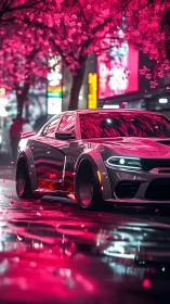 Neon-lit muscle car glides under saturated cherry blossoms at night