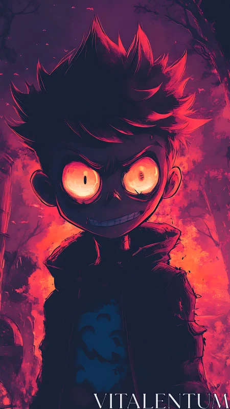 Cartoon boy with glowing eyes before intense fire background.
