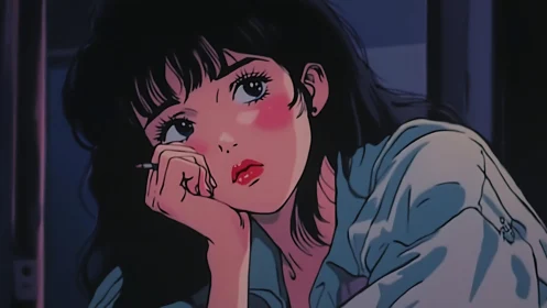 Pensive anime girl rests head on hand in dim blue room