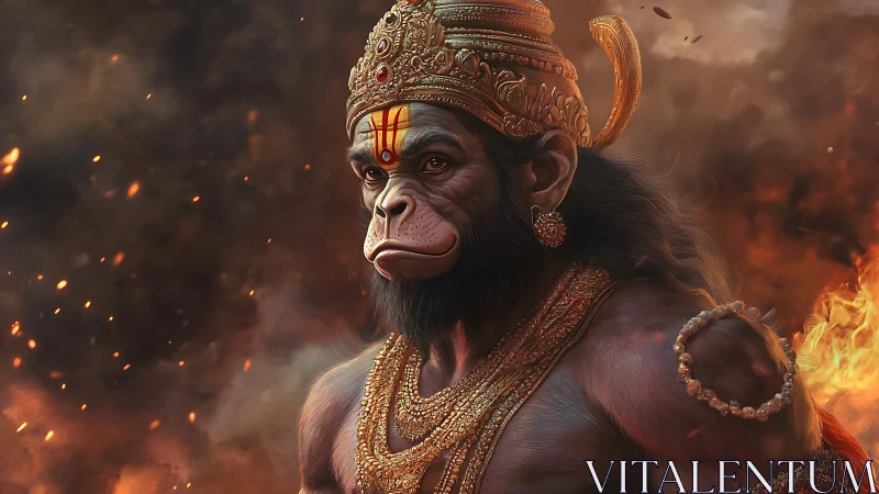 Simian warrior figure stands in ornate armor amid rising flames