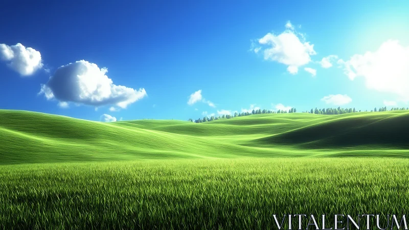 Rolling green hills welcome a calm, sunlit summer day