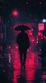 Night wanderer walks through neon rain with quiet grace