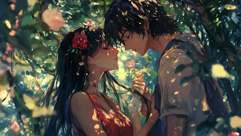 Sun-dappled garden lovers pausing on the edge of a kiss.