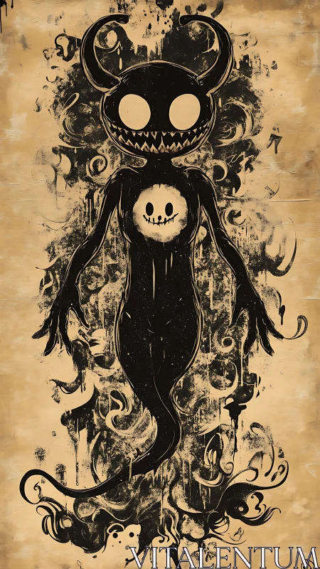 Horned shadow spirit drifts amid chaotic ink swirls.