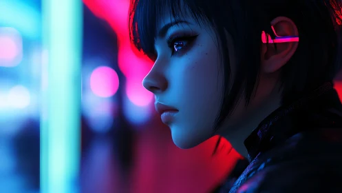 Profile view of neon lit female cyber figure at night.
