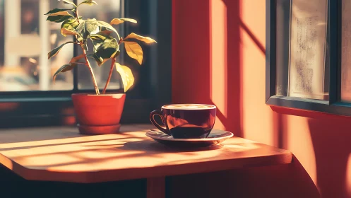 Latte in sunlight on wooden café table by window.