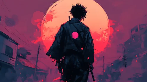 Lone cyber samurai walks into a neon red apocalyptic moon