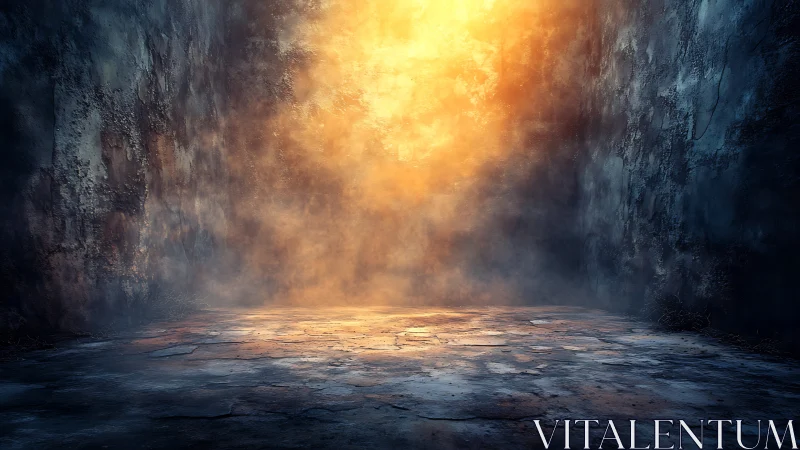 Volumetric light floods a decrepit stone corridor interior