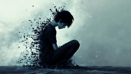 Digital painting of dissolving seated figure in desaturated space.